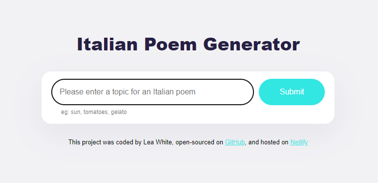 screenshot of poetry generator app